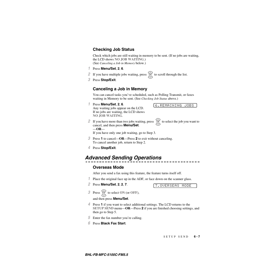 Checking job status, Canceling a job in memory, Advanced sending operations | Overseas mode, Advanced sending operations -7, Overseas mode -7 | Brother MFC-5100C User Manual | Page 72 / 213