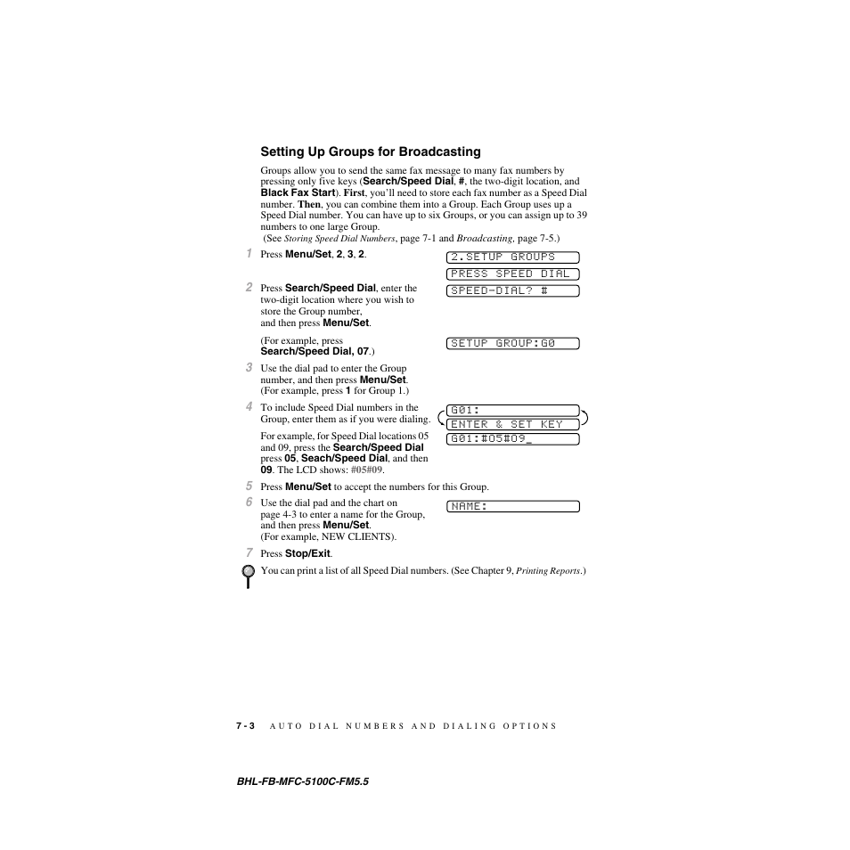 Setting up groups for broadcasting, Setting up groups for broadcasting -3 | Brother MFC-5100C User Manual | Page 77 / 213