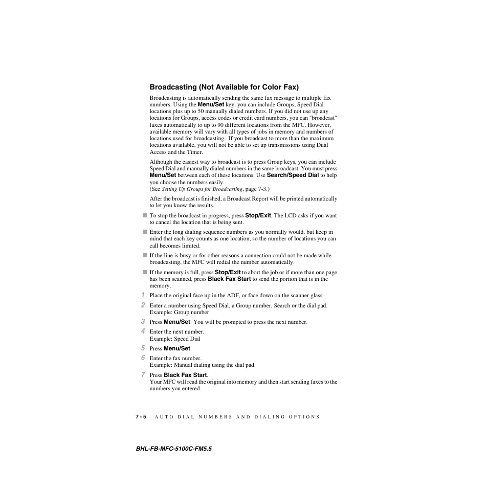 Broadcasting (not available for color fax), Broadcasting (not available for color fax) -5 | Brother MFC-5100C User Manual | Page 79 / 213