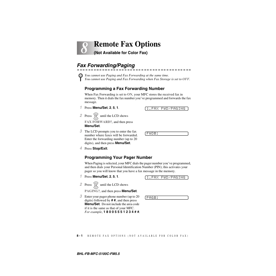 Remote fax options (not available for color fax), Fax forwarding/paging, Programming a fax forwarding number | Fax forwarding/paging -1, Remote fax options | Brother MFC-5100C User Manual | Page 81 / 213