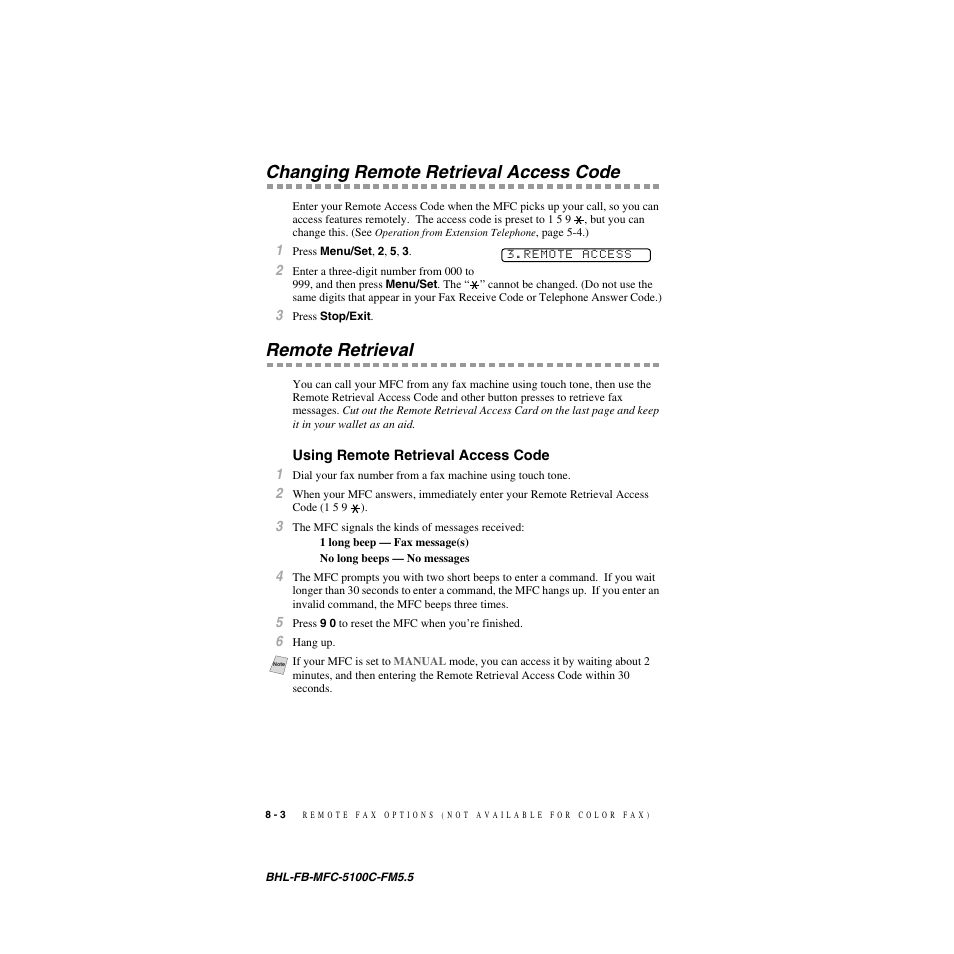 Changing remote retrieval access code, Remote retrieval, Using remote retrieval access code | Using remote retrieval access code -3 | Brother MFC-5100C User Manual | Page 83 / 213