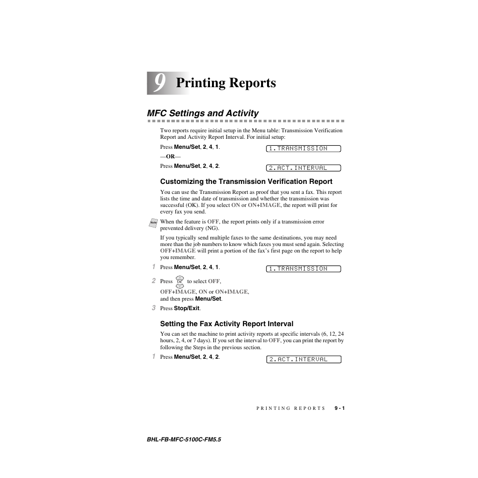 Printing reports, Mfc settings and activity, Customizing the transmission verification report | Setting the fax activity report interval, Printing reports -1, Mfc settings and activity -1 | Brother MFC-5100C User Manual | Page 86 / 213