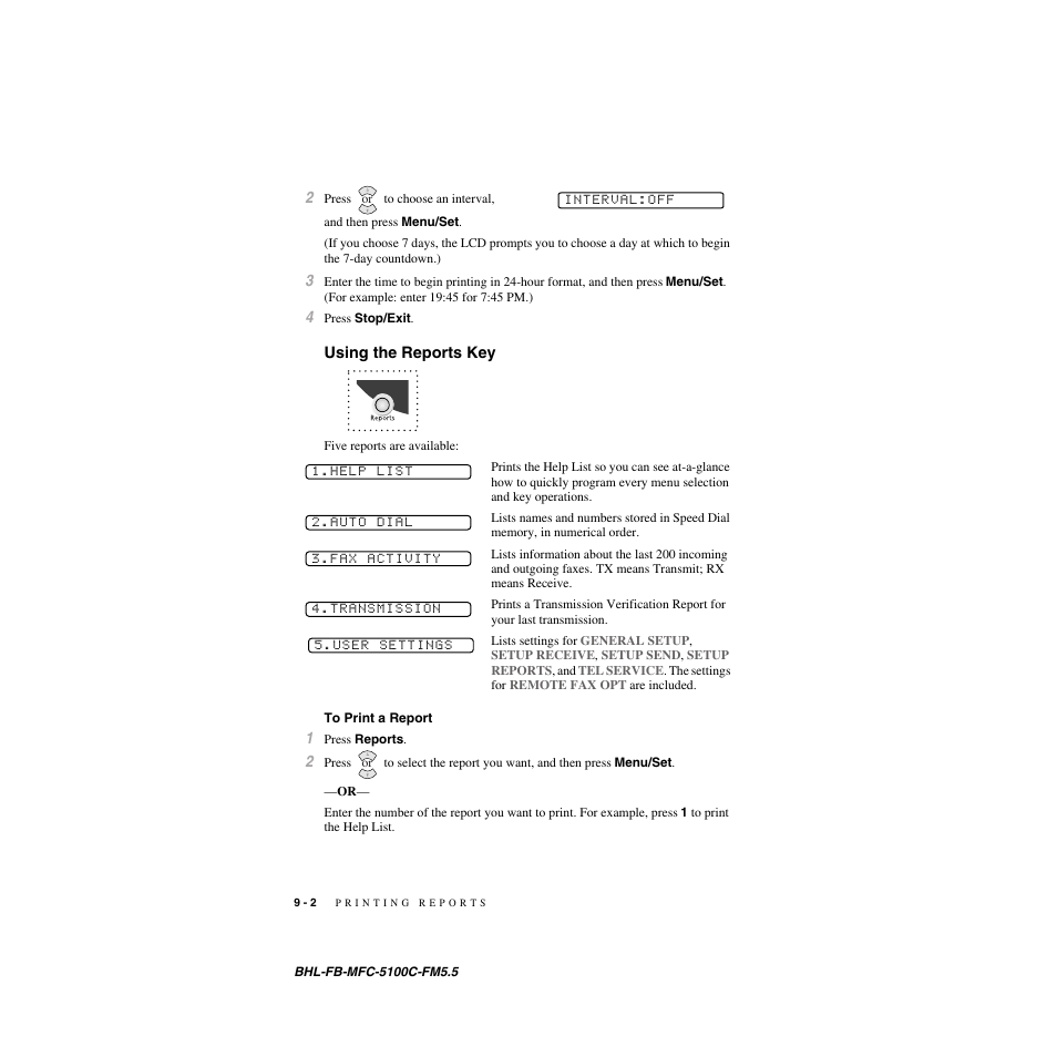 Using the reports key, To print a report, Using the reports key -2 | To print a report -2 | Brother MFC-5100C User Manual | Page 87 / 213
