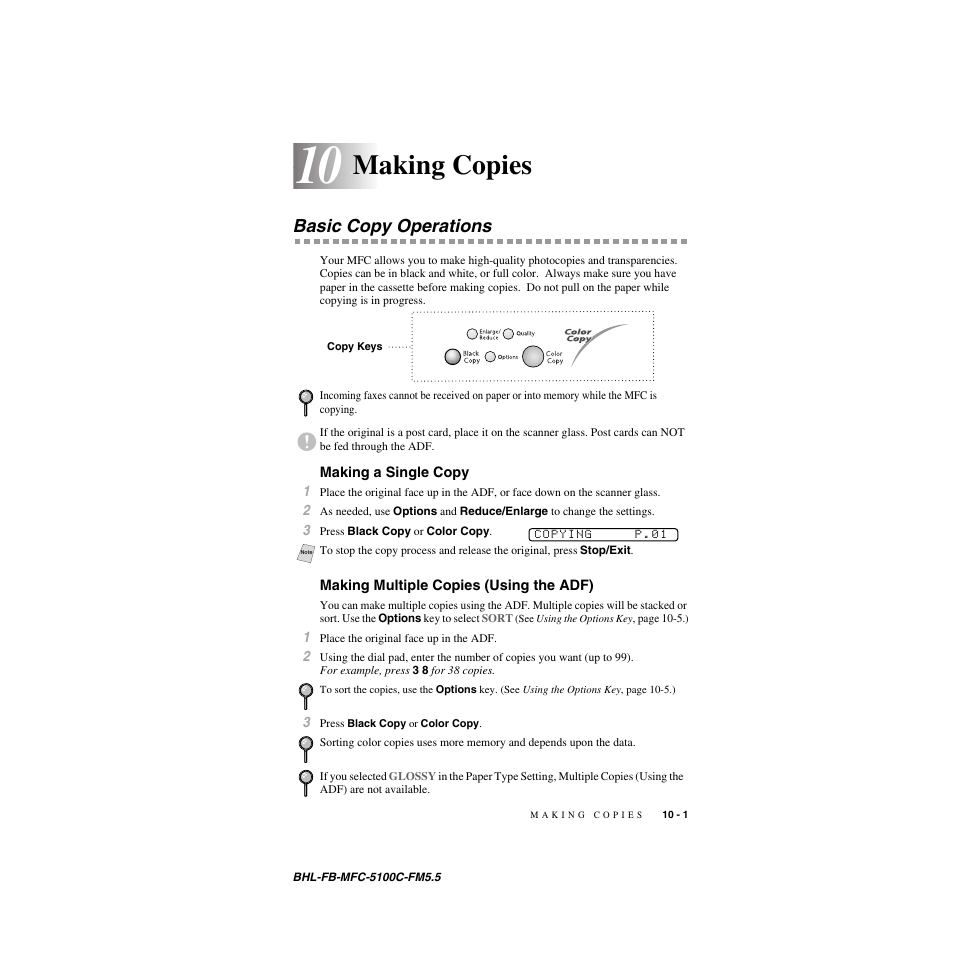 Making copies, Basic copy operations, Making a single copy | Making multiple copies (using the adf), Making copies -1, Making a single copy -1, Making multiple copies (using the adf) -1 | Brother MFC-5100C User Manual | Page 88 / 213