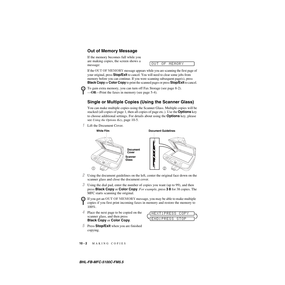 Out of memory message | Brother MFC-5100C User Manual | Page 89 / 213