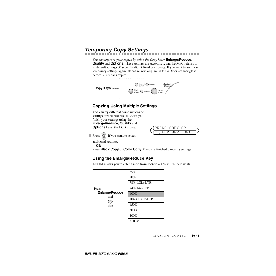 Temporary copy settings, Copying using multiple settings, Using the enlarge/reduce key | Temporary copy settings -3 | Brother MFC-5100C User Manual | Page 90 / 213