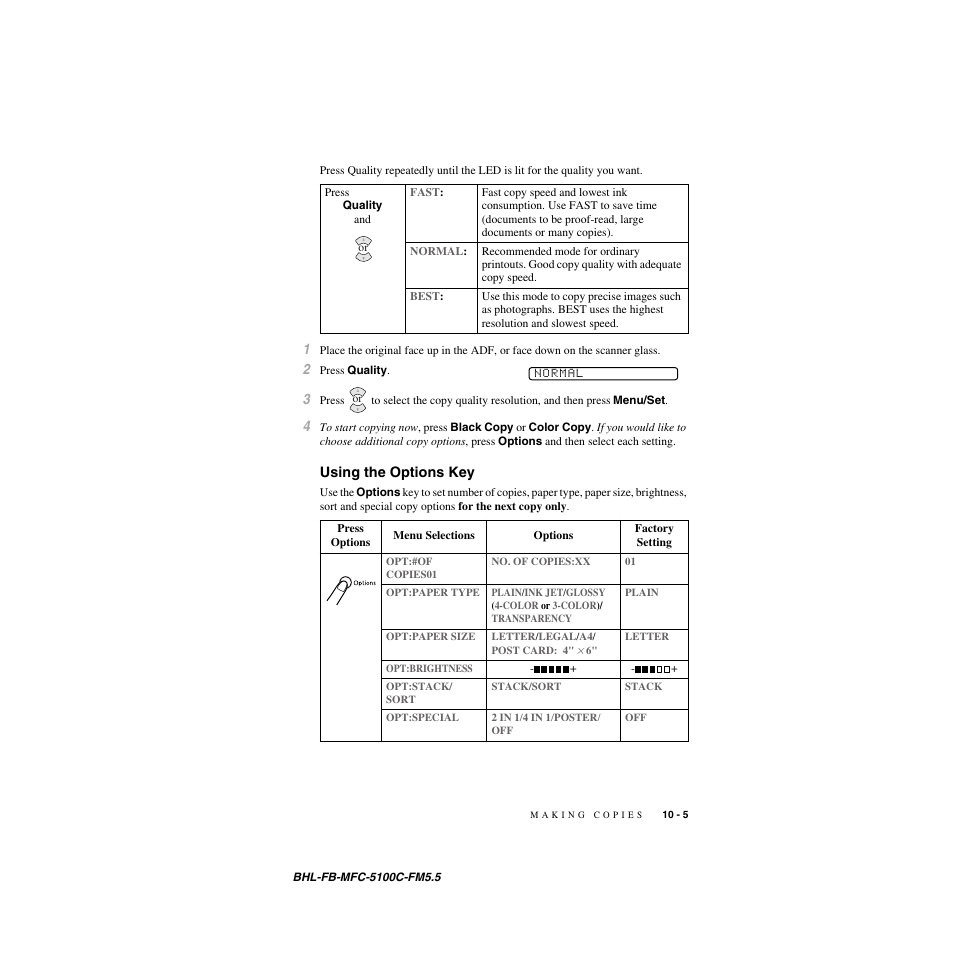 Using the options key, Using the options key -5, See using the options key | Brother MFC-5100C User Manual | Page 92 / 213