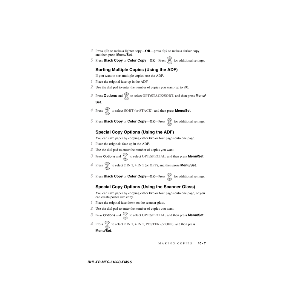 Sorting multiple copies (using the adf), Special copy options (using the adf), Special copy options (using the scanner glass) | Brother MFC-5100C User Manual | Page 94 / 213