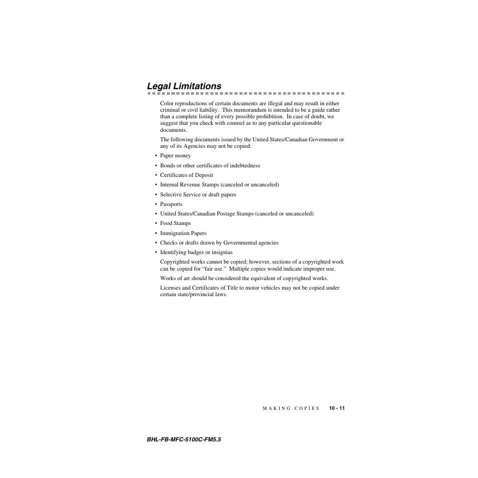 Legal limitations, Legal limitations -11 | Brother MFC-5100C User Manual | Page 98 / 213