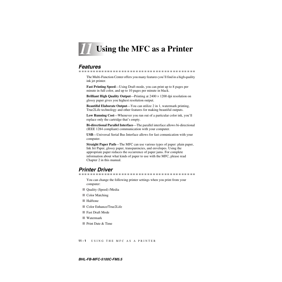 Using the mfc as a printer, Features, Printer driver | Using the mfc as a printer -1, Features -1 printer driver -1 | Brother MFC-5100C User Manual | Page 99 / 213