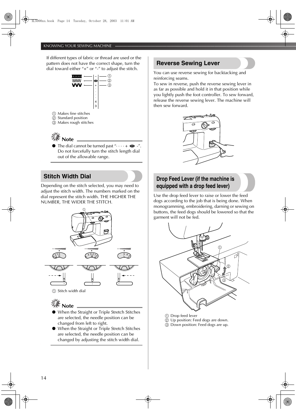 Stitch width dial, Reverse sewing lever | Brother XL-5600 User Manual | Page 15 / 46