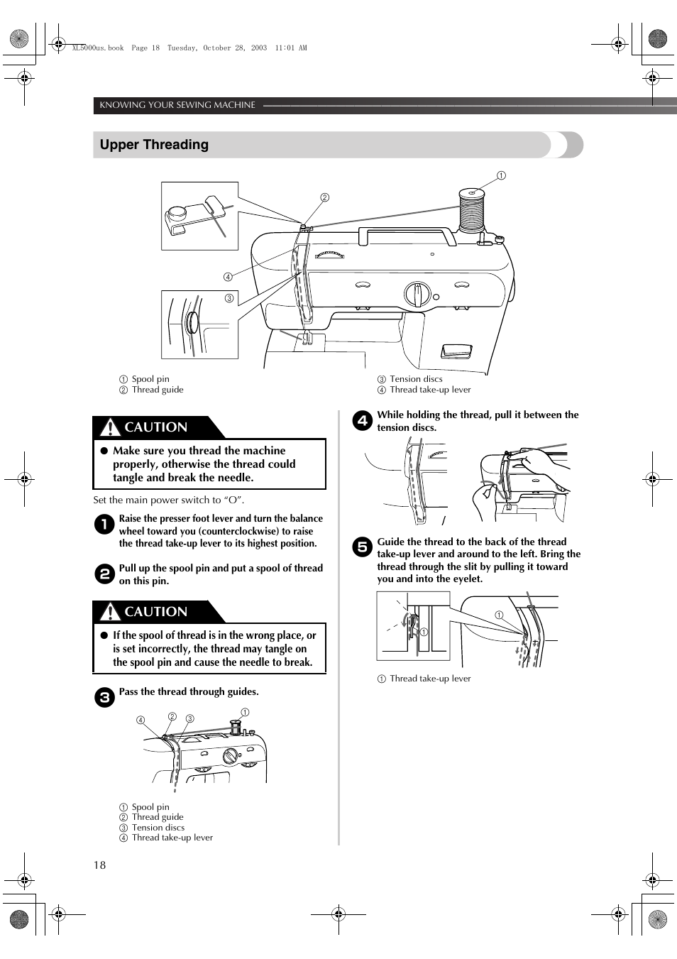 Upper threading, Caution | Brother XL-5600 User Manual | Page 19 / 46