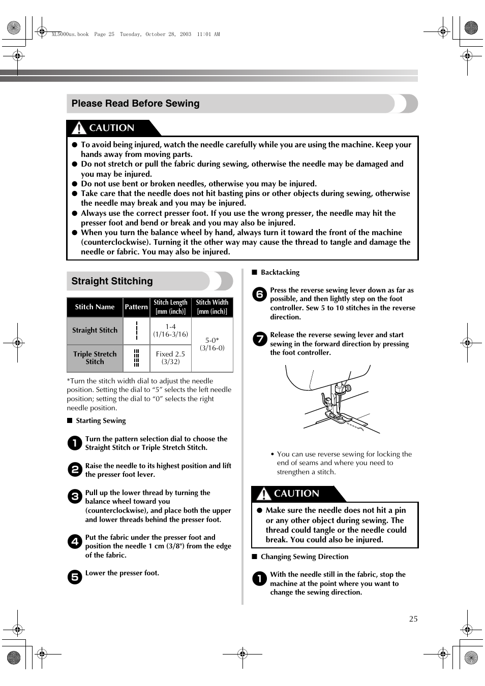 Please read before sewing straight stitching, Caution | Brother XL-5600 User Manual | Page 26 / 46