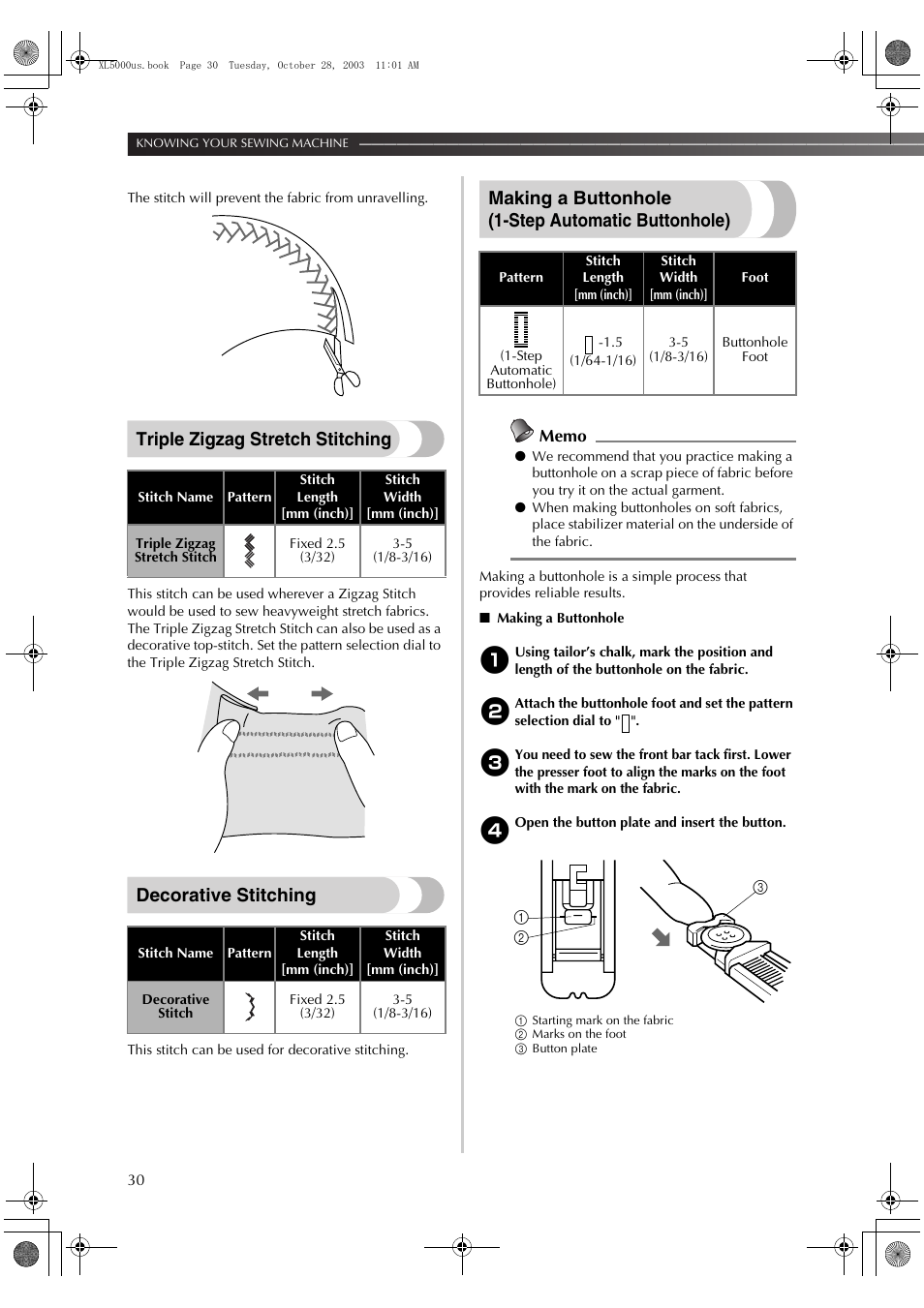 Triple zigzag stretch stitching, Decorative stitching, Making a buttonhole (1-step automatic buttonhole) | Brother XL-5600 User Manual | Page 31 / 46