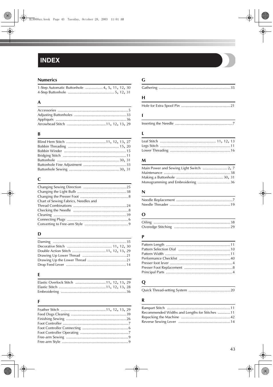 Index | Brother XL-5600 User Manual | Page 44 / 46