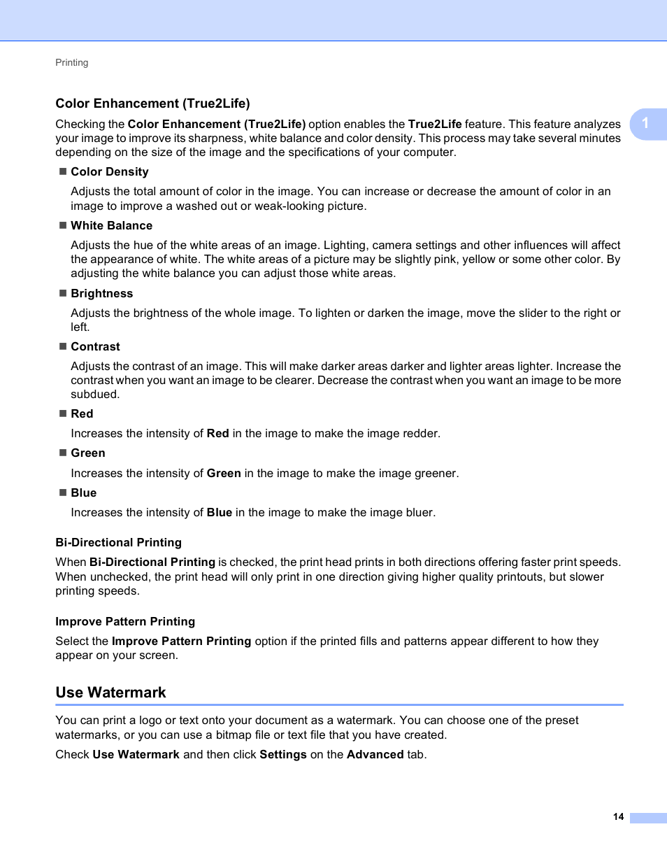 Color enhancement (true2life), Use watermark | Brother DCP-J140W User Manual | Page 21 / 166