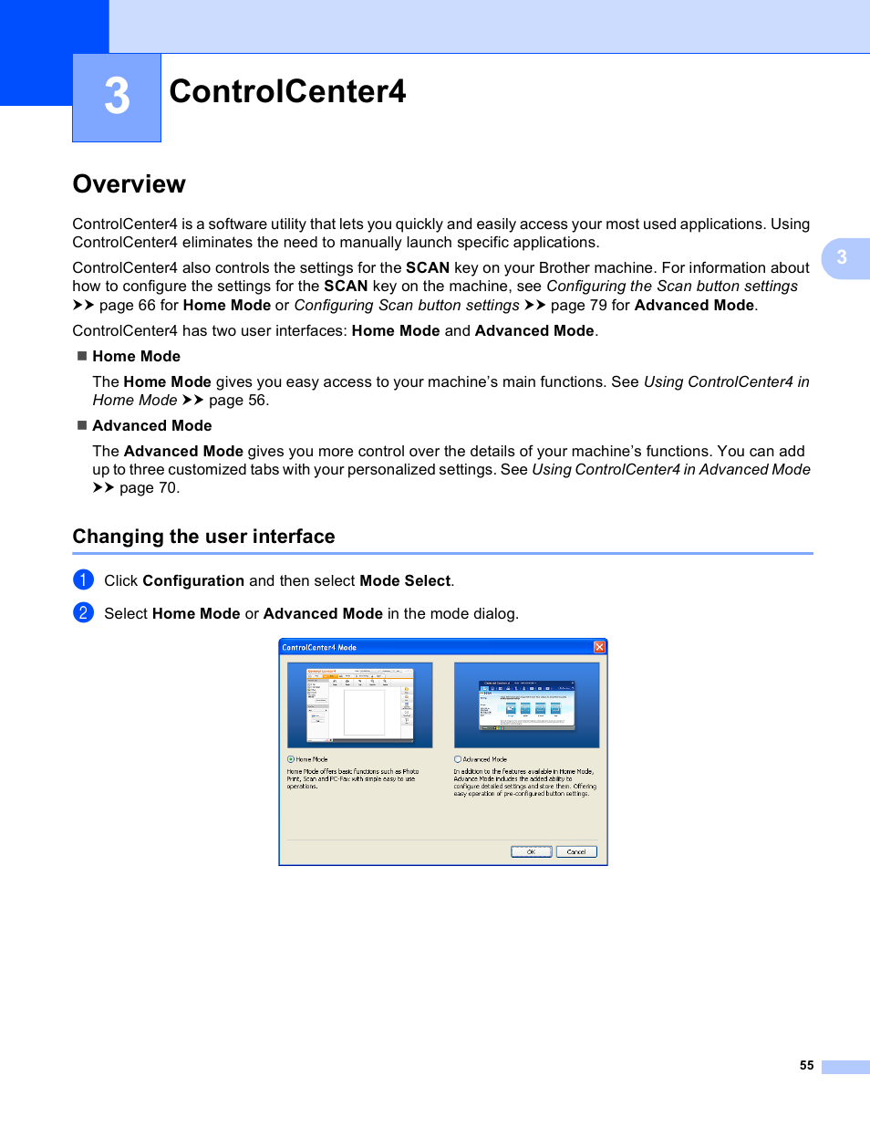 3 controlcenter4, Overview, Changing the user interface | Controlcenter4 | Brother DCP-J140W User Manual | Page 62 / 166