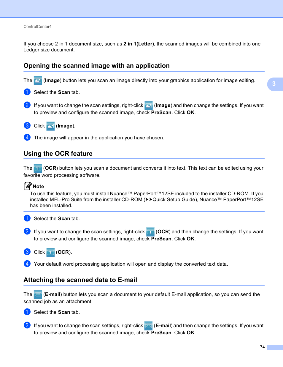 Opening the scanned image with an application, Using the ocr feature, Attaching the scanned data to e-mail | Brother DCP-J140W User Manual | Page 81 / 166