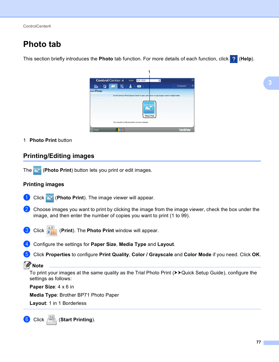 Photo tab, Printing/editing images, Printing images | Brother DCP-J140W User Manual | Page 84 / 166