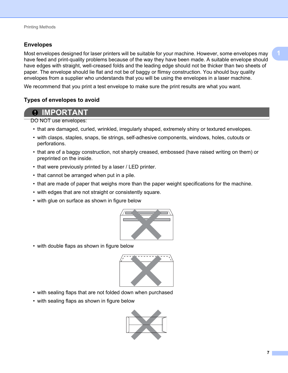 Envelopes, Types of envelopes to avoid, Important | Brother HL 2270DW User Manual | Page 11 / 150