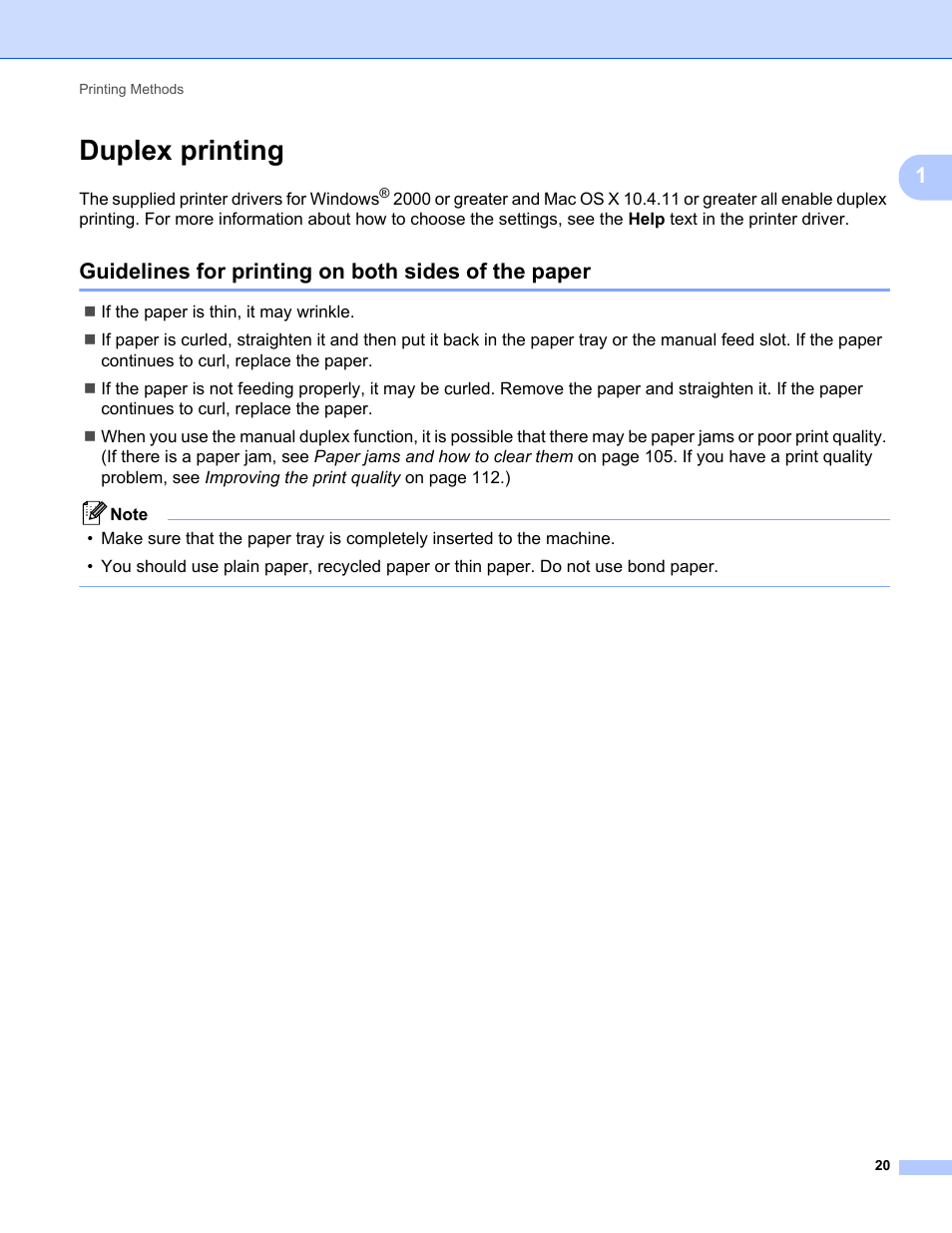 Duplex printing, Guidelines for printing on both sides of the paper | Brother HL 2270DW User Manual | Page 24 / 150