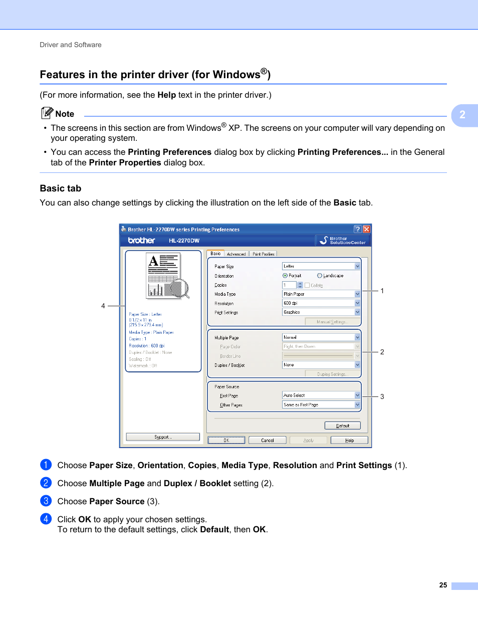 Features in the printer driver (for windows®), Basic tab, Features in the printer driver (for windows | 2features in the printer driver (for windows | Brother HL 2270DW User Manual | Page 29 / 150