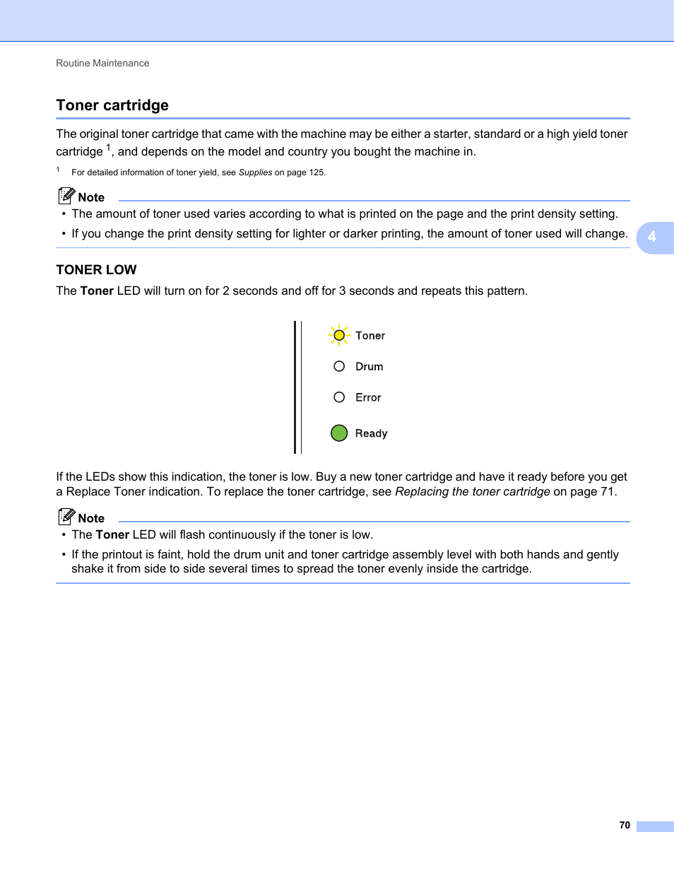 Toner cartridge, Toner low, 4toner cartridge | Brother HL 2270DW User Manual | Page 74 / 150