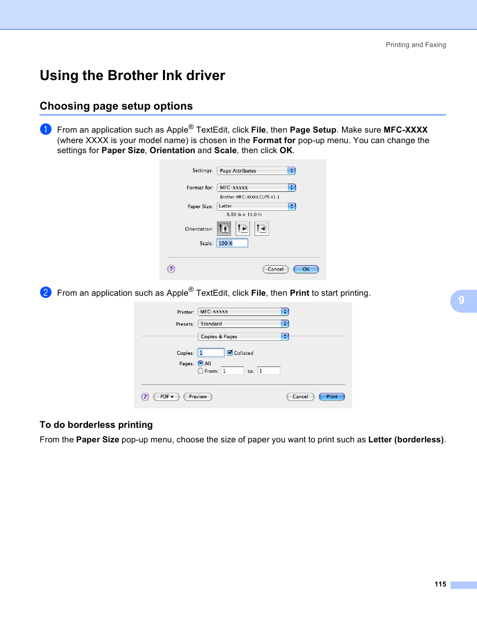 Using the brother ink driver, To do borderless printing, Choosing page setup options | Brother MFC-230C User Manual | Page 121 / 168