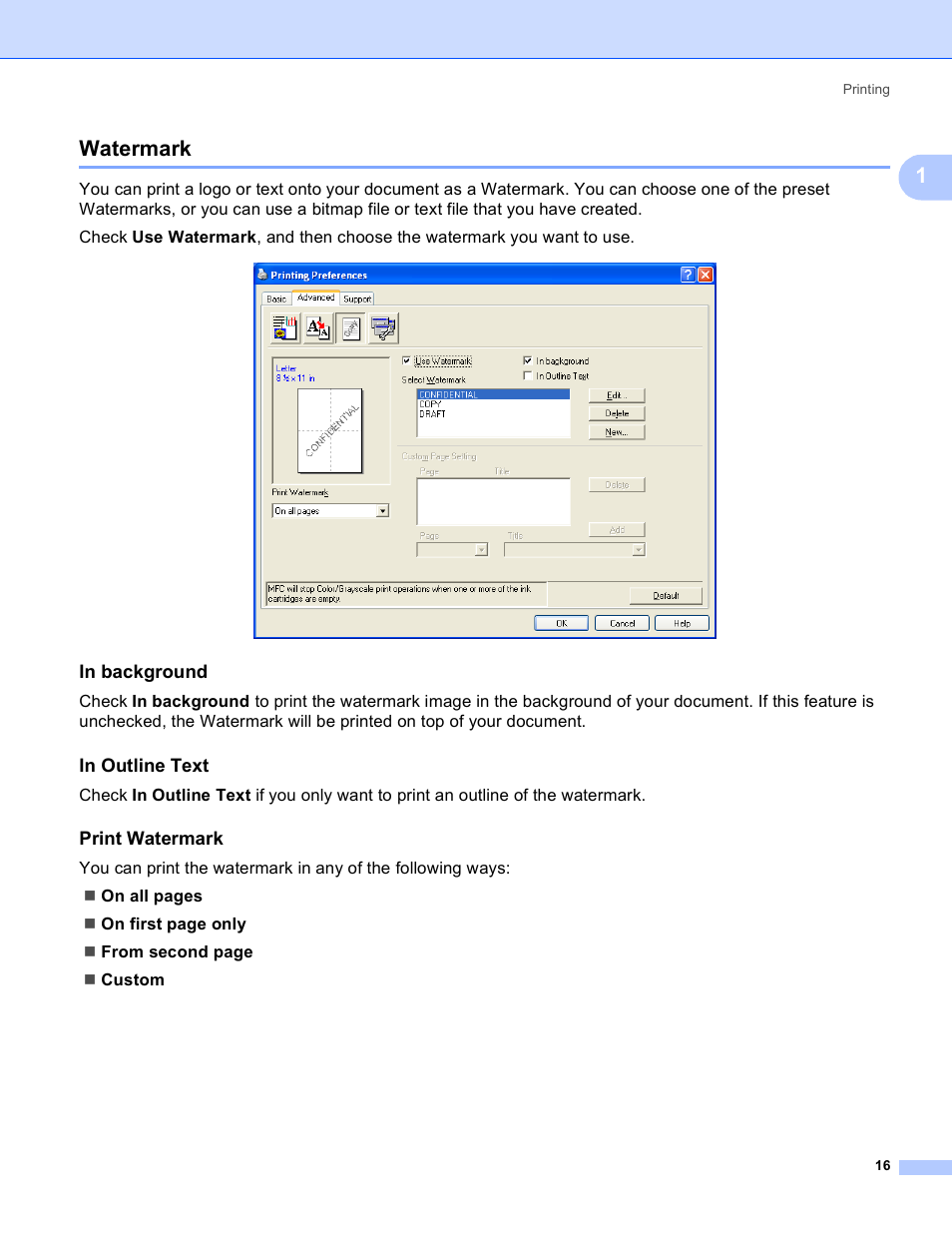 Watermark, In background, In outline text | Print watermark, 1watermark | Brother MFC-230C User Manual | Page 22 / 168