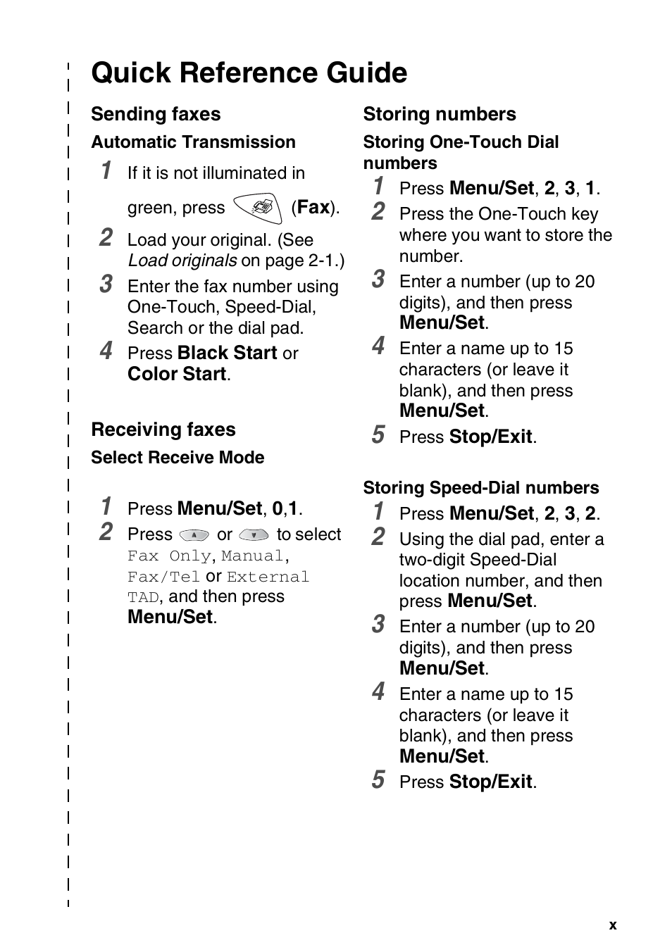 Quick reference guide, Sending faxes, Receiving faxes | Storing numbers | Brother FAX-1820C User Manual | Page 12 / 181