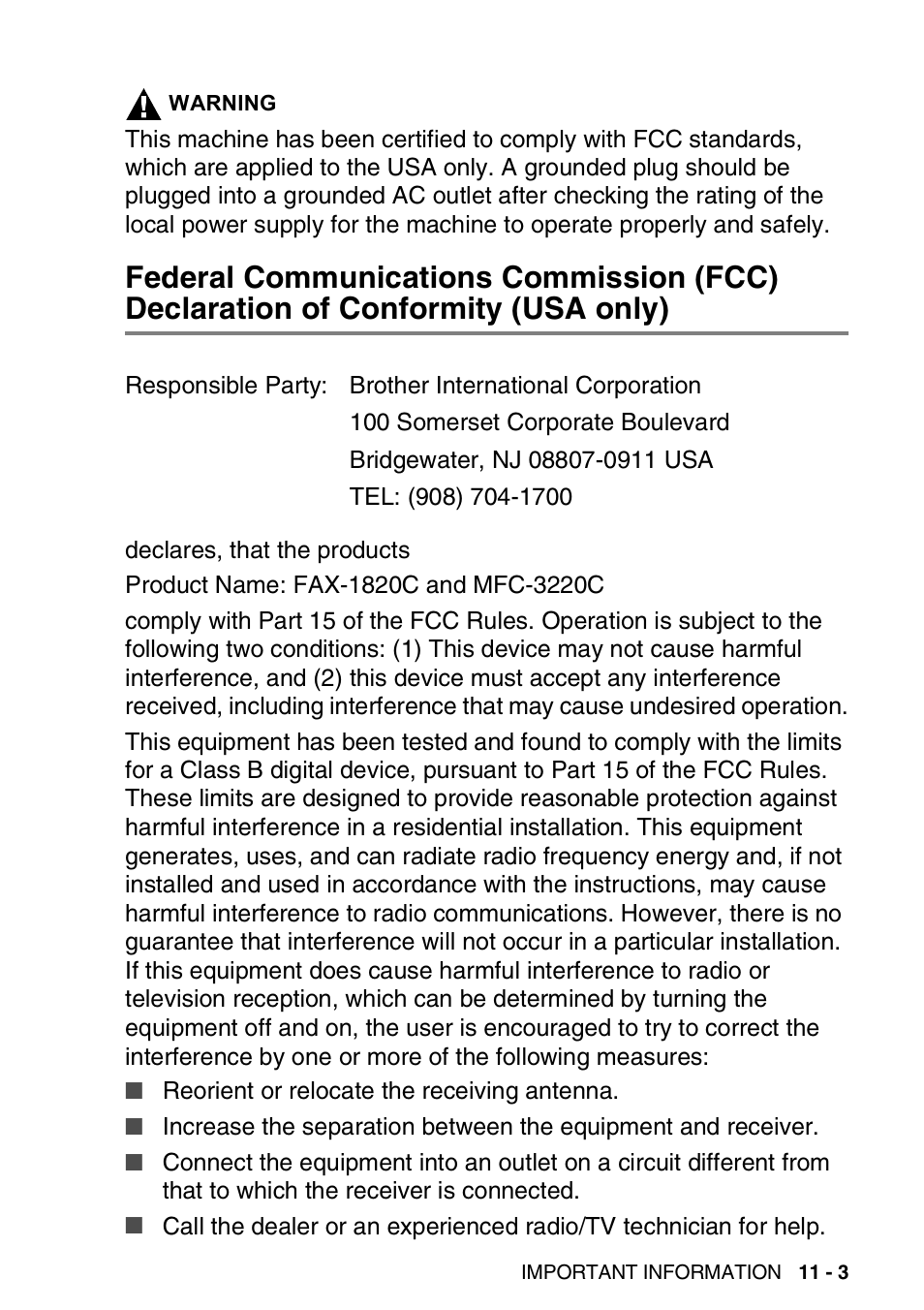 Federal communications commission (fcc), Declaration of conformity (usa only) -3 | Brother FAX-1820C User Manual | Page 133 / 181