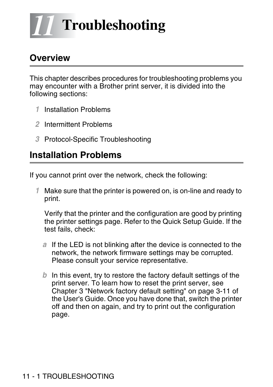 Troubleshooting, Overview, Installation problems | Troubleshooting -1, Overview -1 installation problems -1 | Brother HL 5170DN User Manual | Page 113 / 135