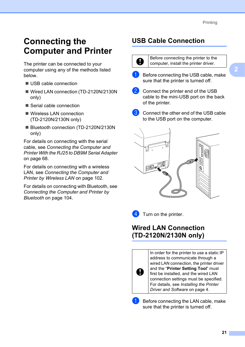 Connecting the computer and printer, Usb cable connection, Wired lan connection (td-2120n/2130n only) | Brother TD-2120N User Manual | Page 27 / 122