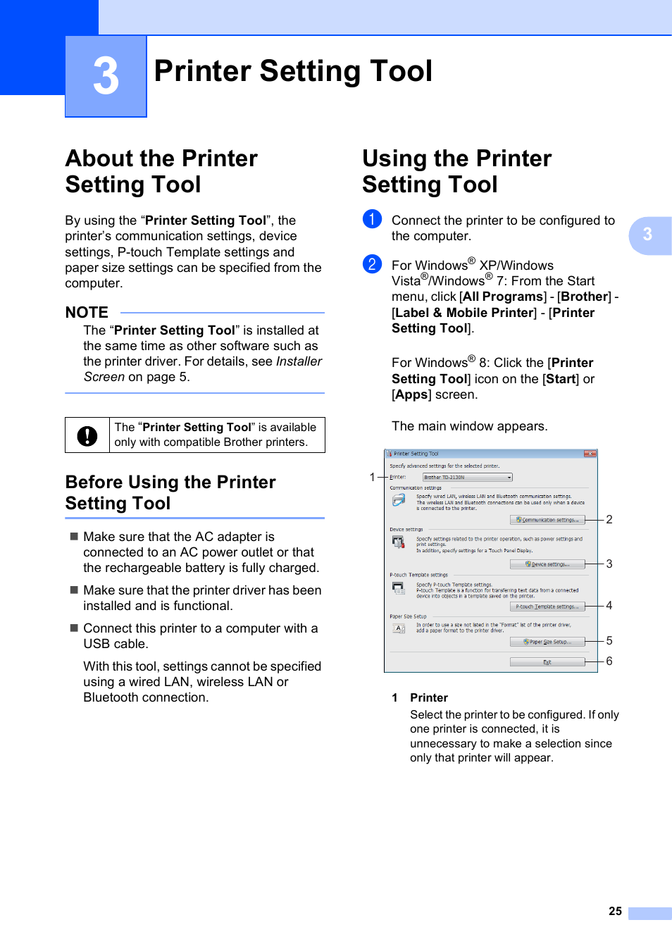 3 printer setting tool, About the printer setting tool, Before using the printer setting tool | Using the printer setting tool, Printer setting tool | Brother TD-2120N User Manual | Page 31 / 122