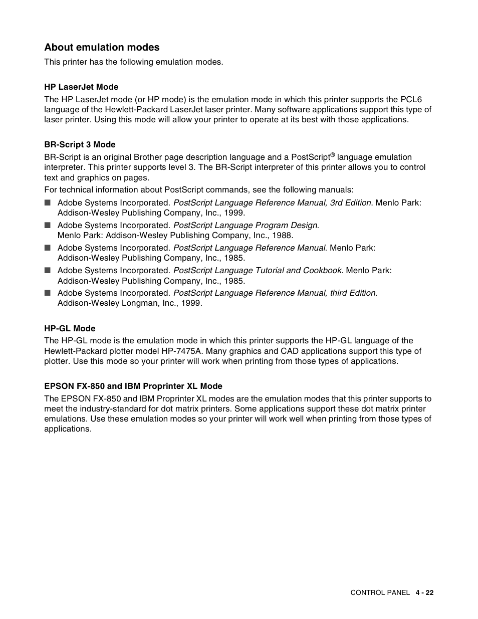 About emulation modes, About emulation modes -22 | Brother HL-8050N User Manual | Page 102 / 216