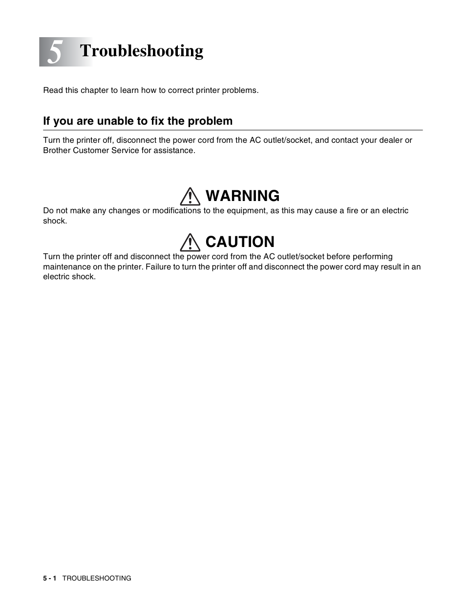 Troubleshooting, If you are unable to fix the problem, Troubleshooting -1 | If you are unable to fix the problem -1, Warning caution | Brother HL-8050N User Manual | Page 107 / 216