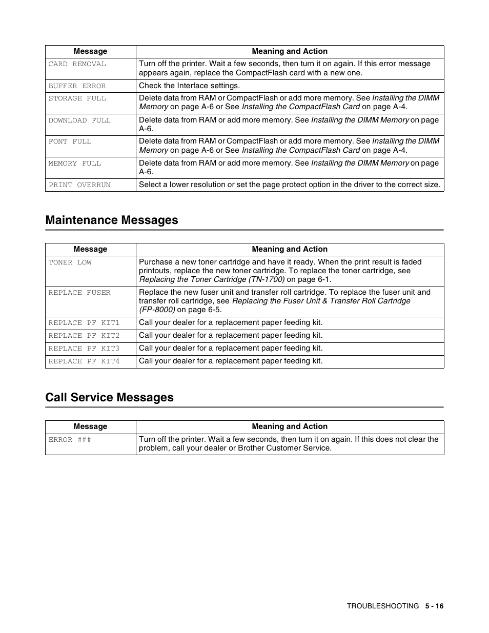 Maintenance messages, Call service messages, Maintenance messages -16 call service messages -16 | Maintenance messages call service messages | Brother HL-8050N User Manual | Page 122 / 216