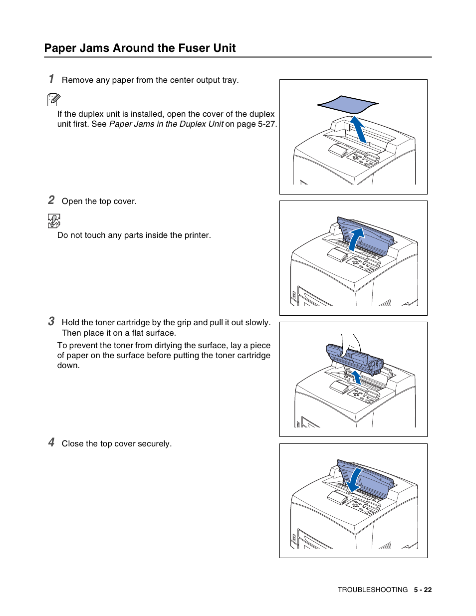 Paper jams around the fuser unit, Paper jams around the fuser unit -22 | Brother HL-8050N User Manual | Page 128 / 216