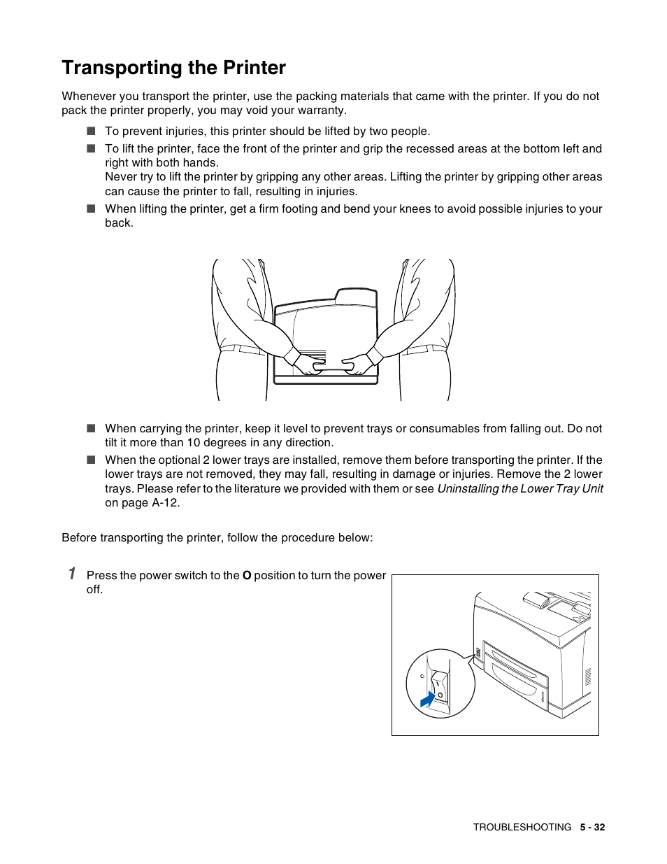 Transporting the printer, Transporting the printer -32 | Brother HL-8050N User Manual | Page 138 / 216