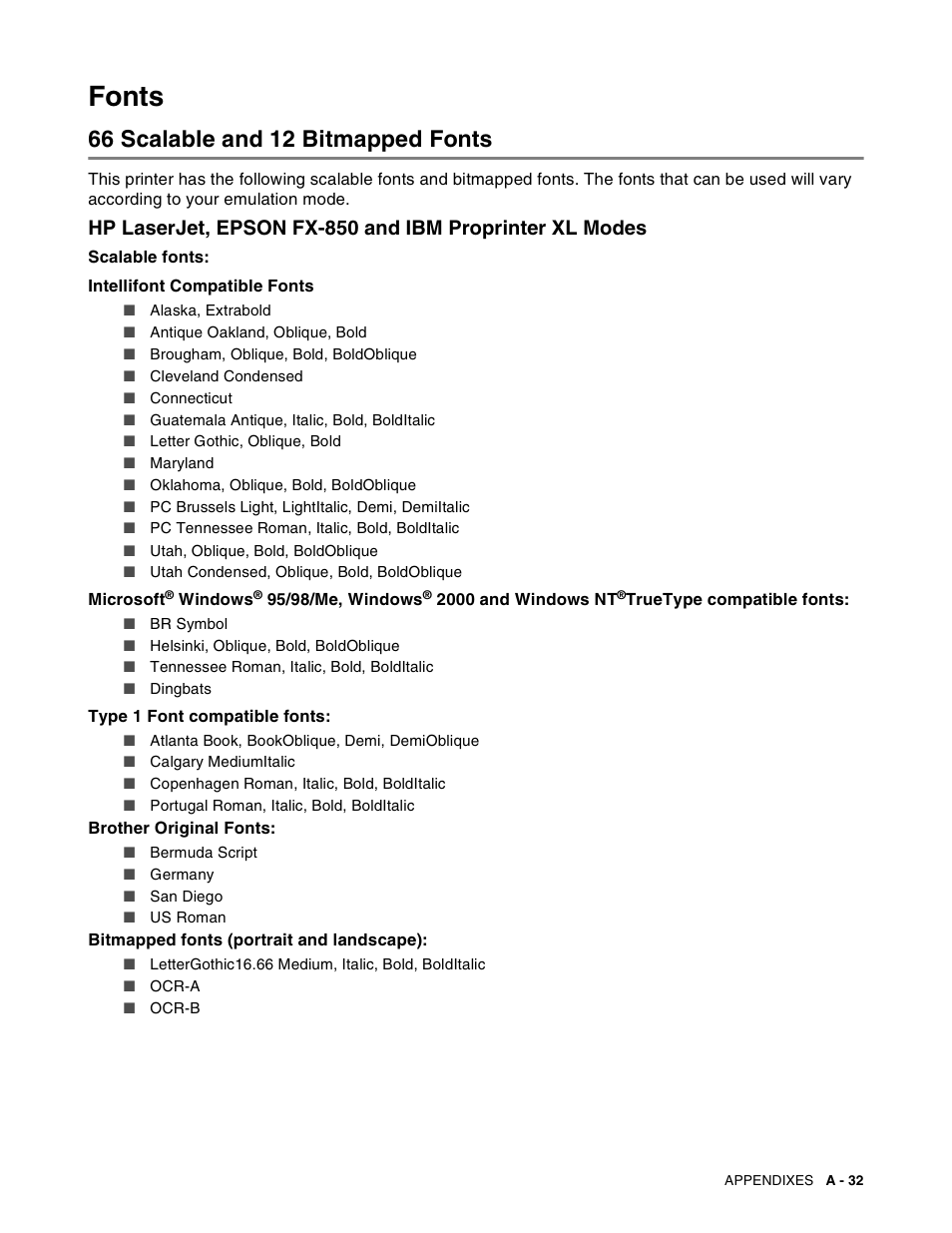 Fonts, 66 scalable and 12 bitmapped fonts | Brother HL-8050N User Manual | Page 190 / 216