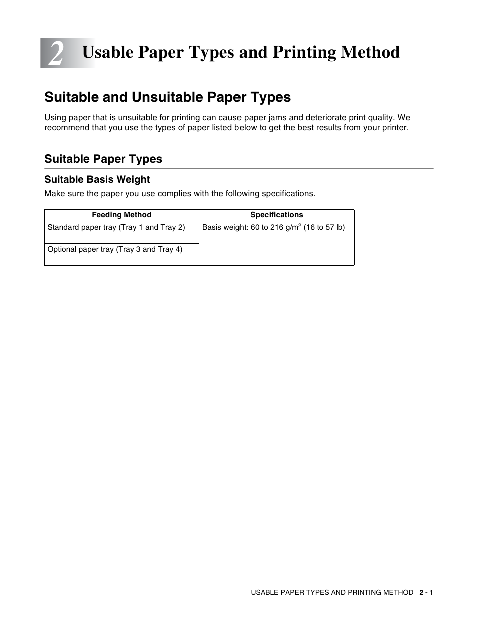Usable paper types and printing method, Suitable and unsuitable paper types, Suitable paper types | Suitable basis weight, Usable paper types and printing method -1, Suitable and unsuitable paper types -1, Suitable paper types -1, Suitable basis weight -1 | Brother HL-8050N User Manual | Page 34 / 216