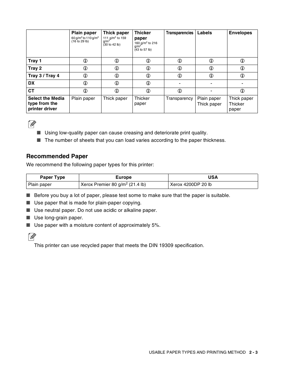 Recommended paper, Recommended paper -3 | Brother HL-8050N User Manual | Page 36 / 216