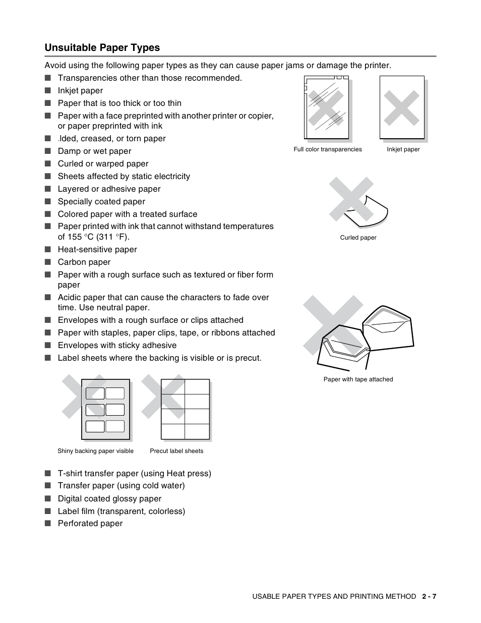 Unsuitable paper types, Unsuitable paper types -7 | Brother HL-8050N User Manual | Page 40 / 216