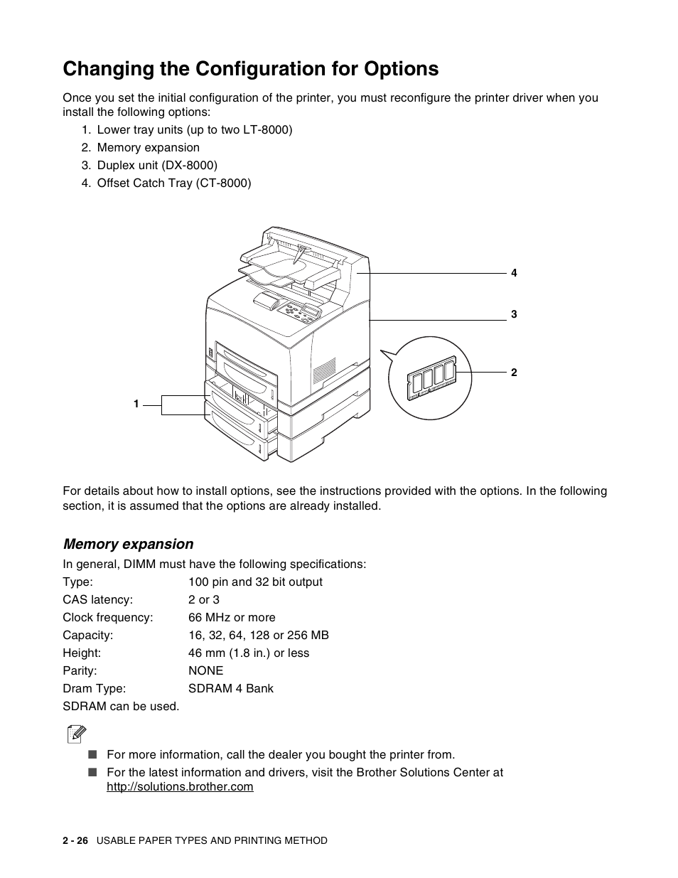 Changing the configuration for options, Memory expansion, Changing the configuration for options -26 | Memory expansion -26 | Brother HL-8050N User Manual | Page 59 / 216