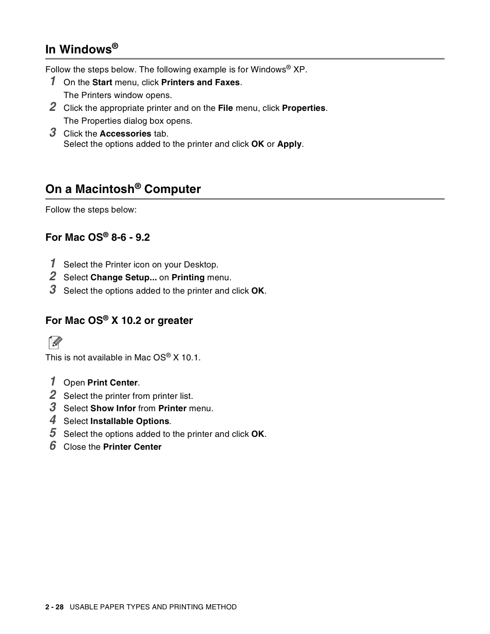 In windows, On a macintosh® computer, For mac os® 8-6 - 9.2 | For mac os® x 10.2 or greater, On a macintosh, For mac os, Computer | Brother HL-8050N User Manual | Page 61 / 216