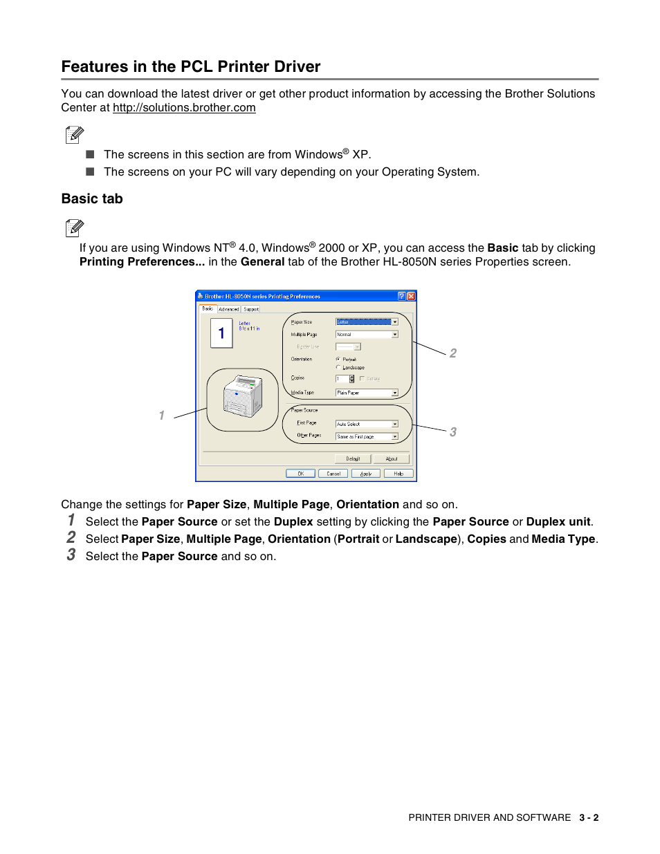 Features in the pcl printer driver, Basic tab, Features in the pcl printer driver -2 | Basic tab -2 | Brother HL-8050N User Manual | Page 64 / 216