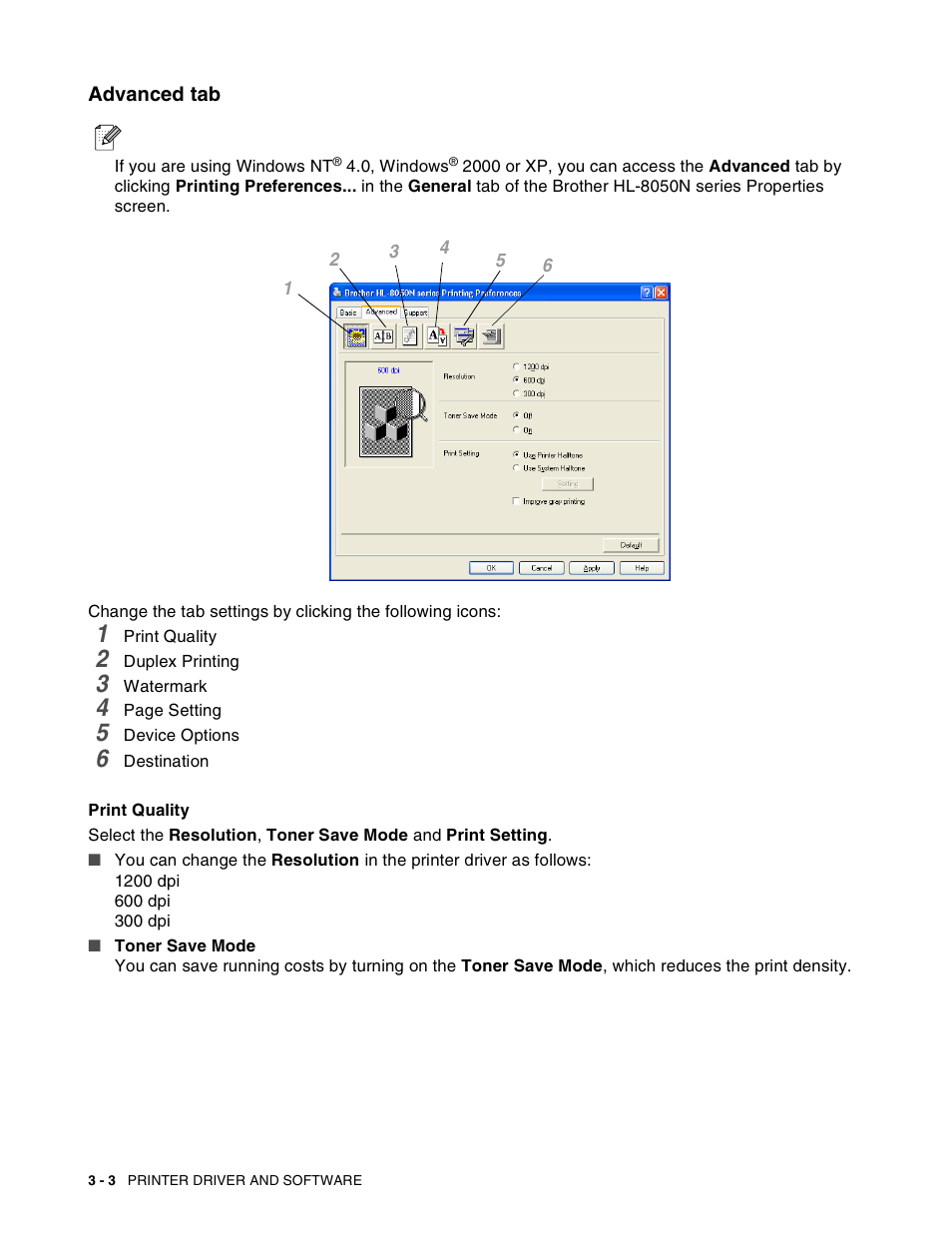 Advanced tab, Advanced tab -3 | Brother HL-8050N User Manual | Page 65 / 216