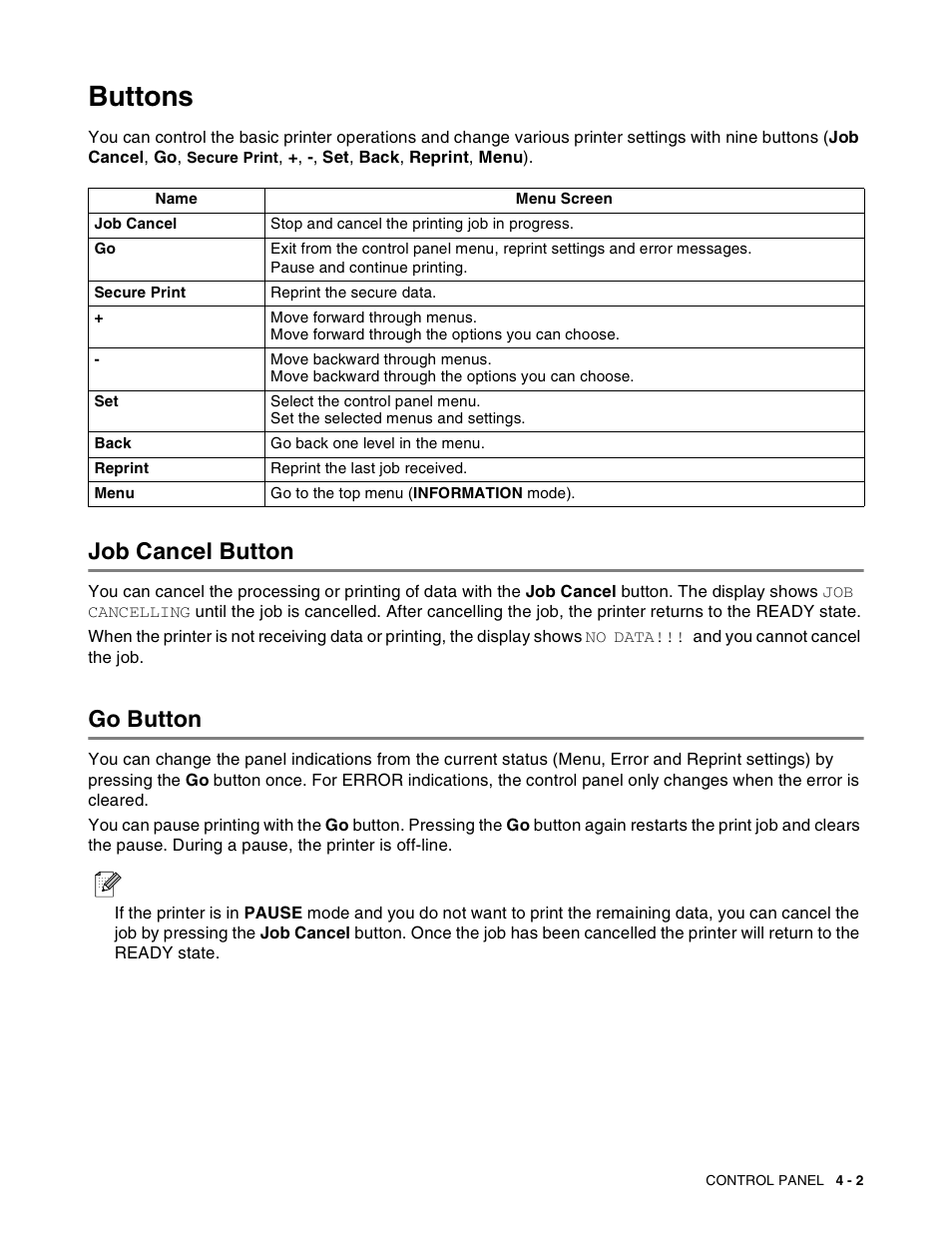 Buttons, Job cancel button, Go button | Buttons -2, Job cancel button -2 go button -2 | Brother HL-8050N User Manual | Page 82 / 216
