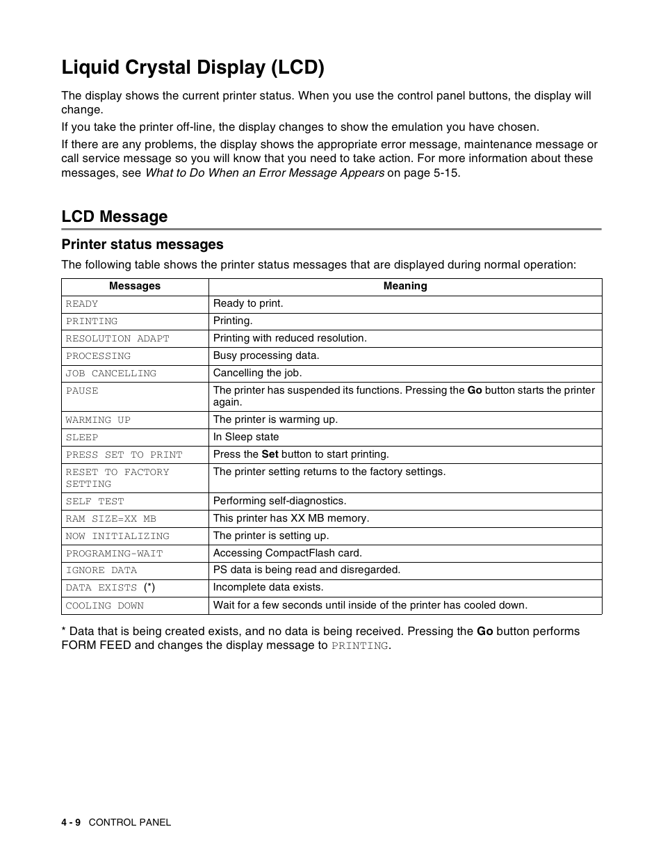 Liquid crystal display (lcd), Lcd message, Printer status messages | Liquid crystal display (lcd) -9, Lcd message -9, Printer status messages -9 | Brother HL-8050N User Manual | Page 89 / 216