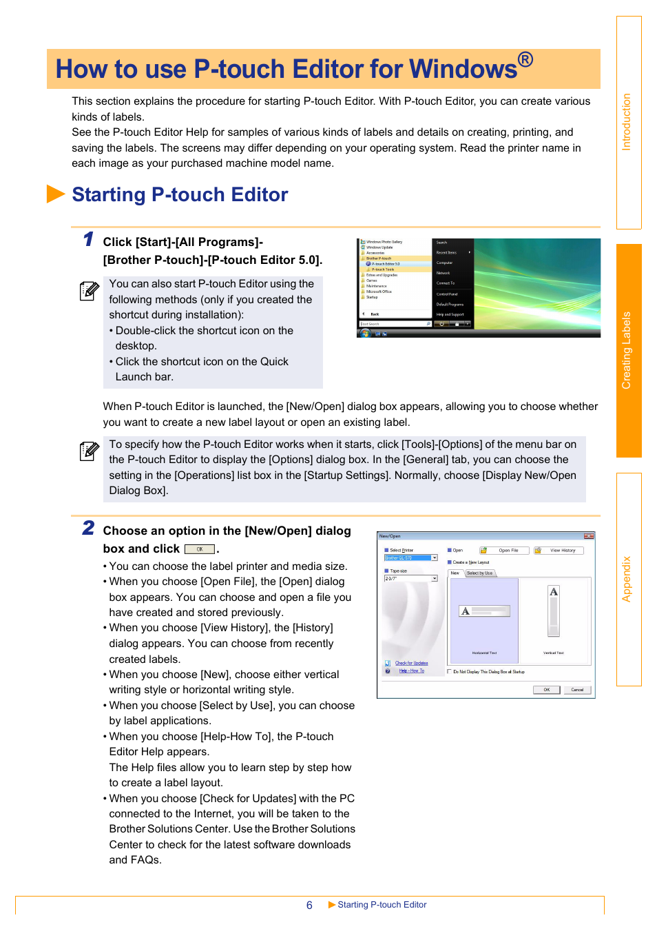 How to use p-touch editor for windows, Starting p-touch editor, Starting p-touch editor 1 | Brother QL-1060N User Manual | Page 7 / 48